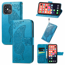 Load image into Gallery viewer, Butterfly Love Flower Embossed Horizontal Flip Leather Case with Bracket / Card Slot / Wallet / Lanyard, For iPhone 13 Pro Max, For iPhone 13 Pro, For iPhone 13, For iPhone 13 mini