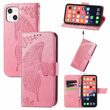 Load image into Gallery viewer, Butterfly Love Flower Embossed Horizontal Flip Leather Case with Bracket / Card Slot / Wallet / Lanyard, For iPhone 13 Pro Max, For iPhone 13 Pro, For iPhone 13, For iPhone 13 mini