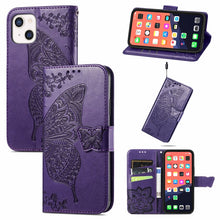 Load image into Gallery viewer, Butterfly Love Flower Embossed Horizontal Flip Leather Case with Bracket / Card Slot / Wallet / Lanyard, For iPhone 13 Pro Max, For iPhone 13 Pro, For iPhone 13, For iPhone 13 mini