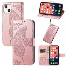 Load image into Gallery viewer, Butterfly Love Flower Embossed Horizontal Flip Leather Case with Bracket / Card Slot / Wallet / Lanyard, For iPhone 13 Pro Max, For iPhone 13 Pro, For iPhone 13, For iPhone 13 mini