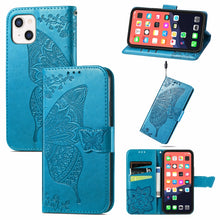 Load image into Gallery viewer, Butterfly Love Flower Embossed Horizontal Flip Leather Case with Bracket / Card Slot / Wallet / Lanyard, For iPhone 13 Pro Max, For iPhone 13 Pro, For iPhone 13, For iPhone 13 mini