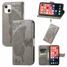 Load image into Gallery viewer, Butterfly Love Flower Embossed Horizontal Flip Leather Case with Bracket / Card Slot / Wallet / Lanyard, For iPhone 13 Pro Max, For iPhone 13 Pro, For iPhone 13, For iPhone 13 mini