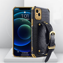 Load image into Gallery viewer, Electroplated TPU Crocodile Pattern Leather Case with Wrist Strap, For iPhone 13 Pro Max, For iPhone 13 Pro, For iPhone 13, For iPhone 13 mini