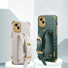 Load image into Gallery viewer, Electroplated TPU Crocodile Pattern Leather Case with Wrist Strap, For iPhone 13 Pro Max, For iPhone 13 Pro, For iPhone 13, For iPhone 13 mini