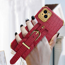 Load image into Gallery viewer, Electroplated TPU Crocodile Pattern Leather Case with Wrist Strap, For iPhone 13 Pro Max, For iPhone 13 Pro, For iPhone 13, For iPhone 13 mini