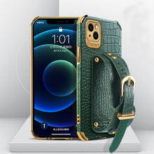 Load image into Gallery viewer, Electroplated TPU Crocodile Pattern Leather Case with Wrist Strap, For iPhone 13 Pro Max, For iPhone 13 Pro, For iPhone 13, For iPhone 13 mini