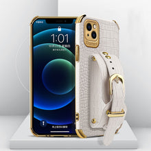 Load image into Gallery viewer, Electroplated TPU Crocodile Pattern Leather Case with Wrist Strap, For iPhone 13 Pro Max, For iPhone 13 Pro, For iPhone 13, For iPhone 13 mini