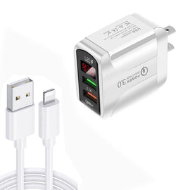 F002C QC3.0 USB + USB 2.0 LED Digital Display Fast Charger with USB to 8 Pin Data Cable, US Plug, US Plug +  8 Pin Cable