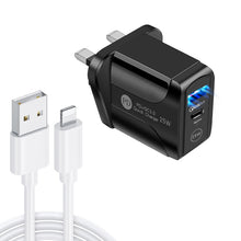 Load image into Gallery viewer, PD25W USB-C / Type-C + QC3.0 USB Dual Ports Fast Charger with USB to 8 Pin Data Cable, UK Plug, UK Plug + USB to 8 Pin Cable