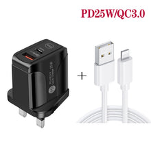Load image into Gallery viewer, PD25W USB-C / Type-C + QC3.0 USB Dual Ports Fast Charger with USB to 8 Pin Data Cable, UK Plug, UK Plug + USB to 8 Pin Cable