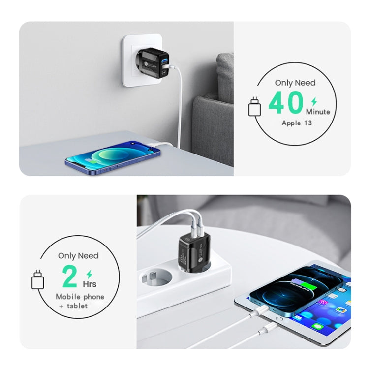 PD25W USB-C / Type-C + QC3.0 USB Dual Ports Fast Charger with USB to 8 Pin Data Cable, UK Plug, UK Plug + USB to 8 Pin Cable
