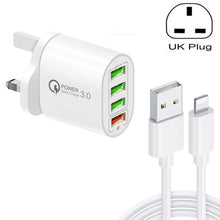 Load image into Gallery viewer, QC-04 QC3.0 + 3 x USB2.0 Multi-ports Charger with 3A USB to 8 Pin Data Cable, UK Plug