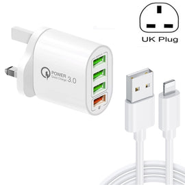 QC-04 QC3.0 + 3 x USB2.0 Multi-ports Charger with 3A USB to 8 Pin Data Cable, UK Plug