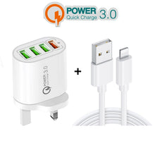 Load image into Gallery viewer, QC-04 QC3.0 + 3 x USB2.0 Multi-ports Charger with 3A USB to 8 Pin Data Cable, UK Plug