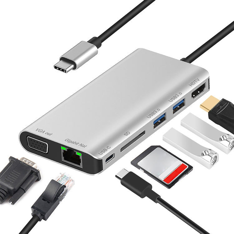7 in 1 Type-C to RJ45+VGA+Type-C+SD Card Slot+USB3.0 x 2+HDMI Dock Hub Adapter, 7 in 1