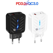 Load image into Gallery viewer, PD03 20W PD3.0 + QC3.0 USB Charger with Type-C to 8 Pin Data Cable, EU Plug, EU Plug + Type-C to 8 Pin Cable