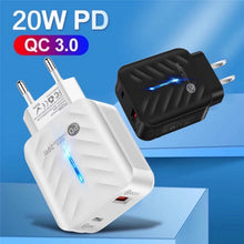 Load image into Gallery viewer, PD03 20W PD3.0 + QC3.0 USB Charger with Type-C to 8 Pin Data Cable, EU Plug, EU Plug + Type-C to 8 Pin Cable
