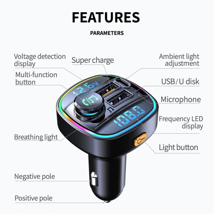 C22 Car Bluetooth 5.0 FM Transmitter LED Light Voltage Display QC 3.0 PD Charger, C22