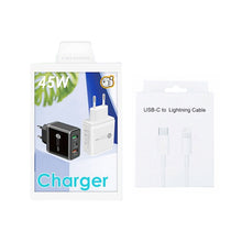 Load image into Gallery viewer, 45W PD3.0 + 2 x QC3.0 USB Multi Port Charger with Type-C to 8 Pin Cable, EU Plug, EU Plug + Type-C to 8 Pin Cable