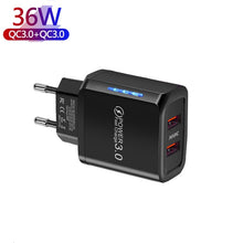 Load image into Gallery viewer, 36W Dual Port QC3.0 USB Mobile Phone Charger Dual 18W Output, EU Plug, EU Plug
