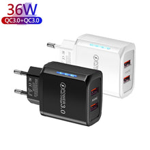 Load image into Gallery viewer, 36W Dual Port QC3.0 USB Mobile Phone Charger Dual 18W Output, EU Plug, EU Plug