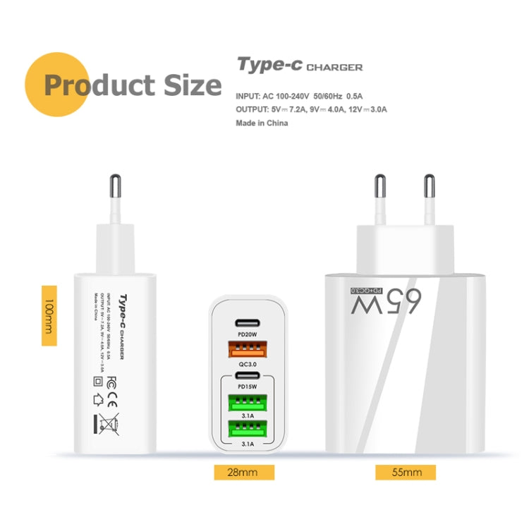 65W Dual PD Type-C + 3 x USB Multi Port Charger for Phone and Tablet PC, US Plug, US Plug