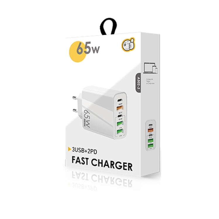 65W Dual PD Type-C + 3 x USB Multi Port Charger for Phone and Tablet PC, EU Plug, EU Plug