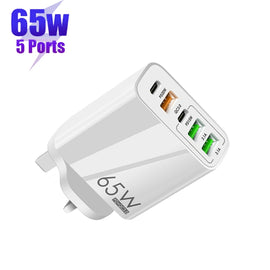 65W Dual PD Type-C + 3 x USB Multi Port Charger for Phone and Tablet PC, UK Plug, UK Plug