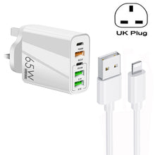 Load image into Gallery viewer, 65W Dual PD Type-C + 3 x USB Multi Port Charger with 3A USB to 8 Pin Data Cable, UK Plug, UK Plug + USB to 8 Pin Cable