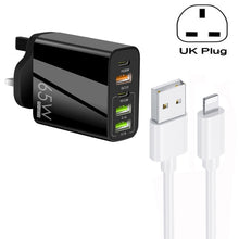 Load image into Gallery viewer, 65W Dual PD Type-C + 3 x USB Multi Port Charger with 3A USB to 8 Pin Data Cable, UK Plug, UK Plug + USB to 8 Pin Cable