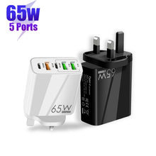 Load image into Gallery viewer, 65W Dual PD Type-C + 3 x USB Multi Port Charger with 3A USB to 8 Pin Data Cable, UK Plug, UK Plug + USB to 8 Pin Cable