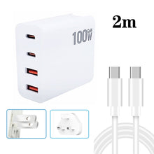Load image into Gallery viewer, GaN 100W Dual USB + Dual USB-C/Type-C Multi Port Charger with 2m Type-C to Type-C Data Cable Set, US Plug, US / EU Plug, US / UK Plug, US / AU Plug, US / EU / UK Plug, US / EU / UK / AU Plug