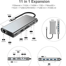 Load image into Gallery viewer, USB C HUB, USB C Adapter 11 in 1 Dongle with 4K HDMI, VGA, Type C PD, USB3.0, RJ45 Ethernet, SD/TF Card Reader, 3.5mm AUX, Docking Station Compatible with MacBook Pro/Air, Other Type C Laptops Devices