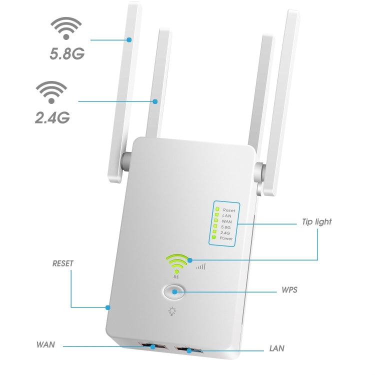 U6 5Ghz Wireless WiFi Repeater 1200Mbps Router Wifi Booster 2.4G Long Range Extender, US Plug, EU Plug