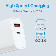 Load image into Gallery viewer, NORTHJO NOPD2502 PD 25W USB-C/Type-C + QC 3.0 USB Dual Ports Fast Charger, US Plug, EU Plug, UK Plug, AU Plug
