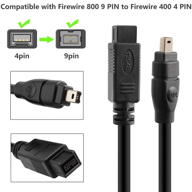 JUNSUNMAY FireWire High Speed Premium DV 800 9 Pin Male To FireWire 400 4 Pin Male IEEE 1394 Cable, 1.8m, 3m, 4.5m