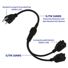 Load image into Gallery viewer, JUNSUNMAY US 1.6FT NEMA 5-15P 1 to 2 Way Outlet NEMA 5-15R SJT 16AWG 3 Prong Power Cable Wire Extender
