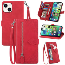 Load image into Gallery viewer, Embossed Flower Zipper Leather Phone Case, For iPhone 15 Pro Max, For iPhone 15 Pro, For iPhone 15 Plus, For iPhone 15