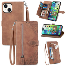 Load image into Gallery viewer, Embossed Flower Zipper Leather Phone Case, For iPhone 15 Pro Max, For iPhone 15 Pro, For iPhone 15 Plus, For iPhone 15