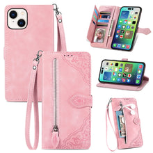 Load image into Gallery viewer, Embossed Flower Zipper Leather Phone Case, For iPhone 15 Pro Max, For iPhone 15 Pro, For iPhone 15 Plus, For iPhone 15