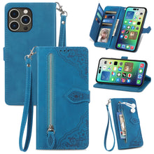 Load image into Gallery viewer, Embossed Flower Zipper Leather Phone Case, For iPhone 15 Pro Max, For iPhone 15 Pro, For iPhone 15 Plus, For iPhone 15