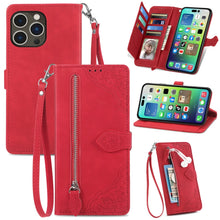 Load image into Gallery viewer, Embossed Flower Zipper Leather Phone Case, For iPhone 15 Pro Max, For iPhone 15 Pro, For iPhone 15 Plus, For iPhone 15