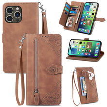 Load image into Gallery viewer, Embossed Flower Zipper Leather Phone Case, For iPhone 15 Pro Max, For iPhone 15 Pro, For iPhone 15 Plus, For iPhone 15
