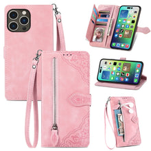 Load image into Gallery viewer, Embossed Flower Zipper Leather Phone Case, For iPhone 15 Pro Max, For iPhone 15 Pro, For iPhone 15 Plus, For iPhone 15