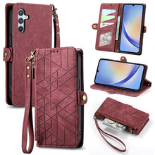 Load image into Gallery viewer, Geometric Zipper Wallet Side Buckle Leather Phone Case, For Samsung Galaxy A30