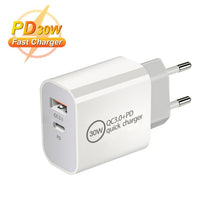 Load image into Gallery viewer, PD30W USB-C / Type-C + QC3.0 USB Dual Port Charger with 1m USB to 8 Pin Data Cable, EU Plug, US Plug, AU Plug