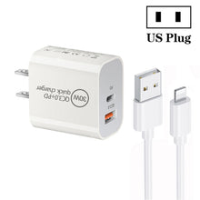 Load image into Gallery viewer, PD30W USB-C / Type-C + QC3.0 USB Dual Port Charger with 1m USB to 8 Pin Data Cable, EU Plug, US Plug, AU Plug