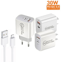 Load image into Gallery viewer, PD30W USB-C / Type-C + QC3.0 USB Dual Port Charger with 1m USB to 8 Pin Data Cable, EU Plug, US Plug, AU Plug