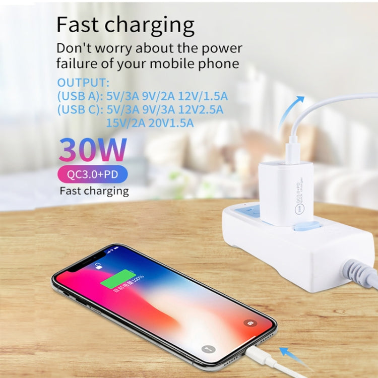 PD30W USB-C / Type-C + QC3.0 USB Dual Port Charger with 1m USB to 8 Pin Data Cable, EU Plug, US Plug, AU Plug