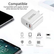 Load image into Gallery viewer, PD30W USB-C / Type-C + QC3.0 USB Dual Port Charger with 1m USB to 8 Pin Data Cable, EU Plug, US Plug, AU Plug